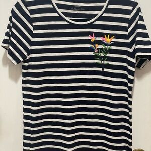 J. Crew Navy and White Striped  collector Tee with Colorful Floral Design